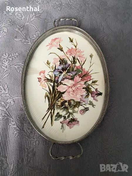 Стар поднос порцелан и метал, снимка 1