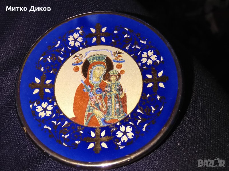 Декоративна чинийка за украса Дева Мария и младенеца гръцка ръчна изработка златно покритие фи 8см, снимка 1