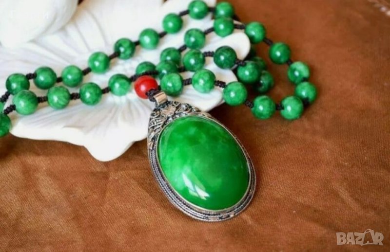 Стара Тибетска сребърна огърлица с натурален Нефрит, снимка 1