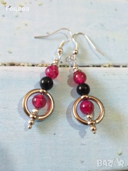 Красиви Бохо обици с камъни Ахат Драконови вени в цикламено и черно с орнаменти в цвят Сребро , снимка 1