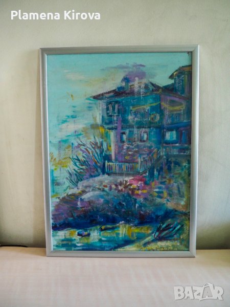 Ръчно изработена картина "Дом в лазурна синева", 53х72 см, снимка 1