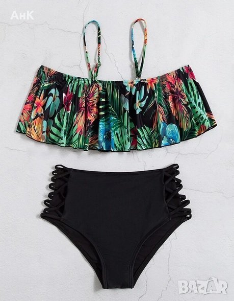 Бански костюм с черно долнище и шарено горнище с ръкави и презрамки, снимка 1