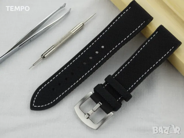 СИЛИКОНОВА КАИШКА ЧЕРНА С БЯЛ ШЕВ- 20мм + ПОДАРЪК, снимка 2 - Каишки за часовници - 48451392