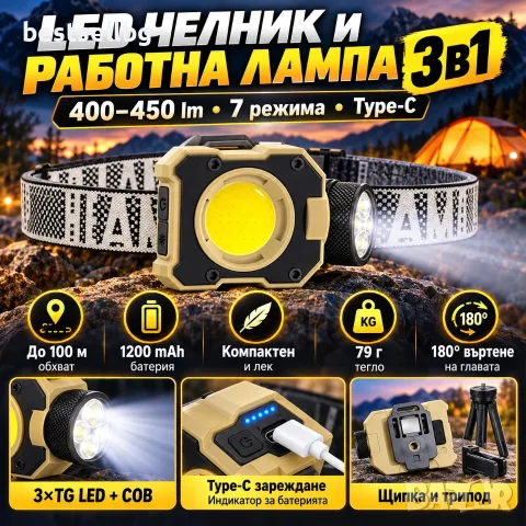LED челник COBA 3в1 400–450 lm с 7 режима и Type-C