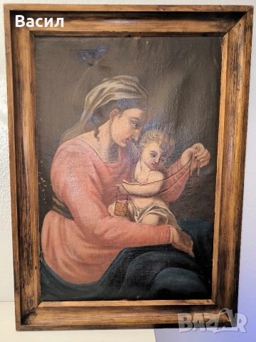 Стара религиозна картина – Богородица с Младенеца, снимка 3 - Картини - 53007429