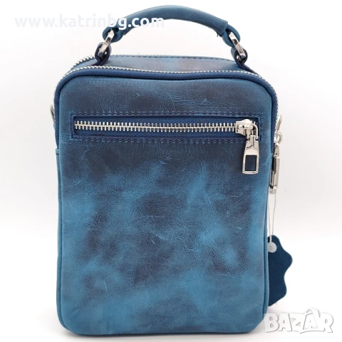 Мъжка кожена чанта през рамо – естествена кожа, светлосиня с ефектен дизайн Код на продукта:K-031, снимка 2 - Чанти - 51139664