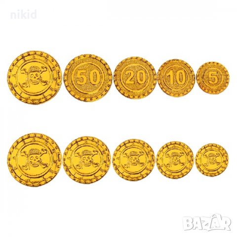 25 бр фалшиви изкуствени златни монети чипове пирати пластмасови пиратско парти хазарт ролетка, снимка 3 - Други - 37305560