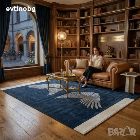 Модерен килим за хол 120х160см - Тъмносин с крила и корона и 3D ефект, Противоплъзгащ