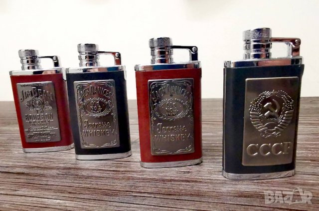 Газови ветроустойчиви запалки с кожена обвивка и емблеми на Jack Daniels, Jim Beam,CCCP, снимка 2 - Запалки - 34523282