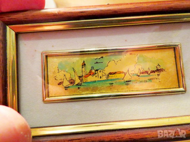 Старинна златна картина рисувана върху златно фолио - морски бряг и лодки -  с маркировка за злато , снимка 2 - Картини - 38503690