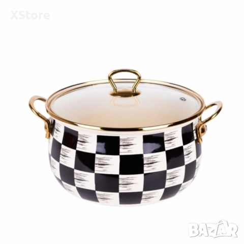 Тенджера Goldmann 24x15см. 6.2л./ 26x16см. 8.5л., 4л., 5л., Емайл. Индукция. Бял/Черен каре