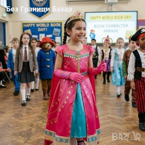 Нов Детски костюм принцеса розов комплект с тиара пръчка ръкавици 5/6 години, снимка 3 - Други - 54046823