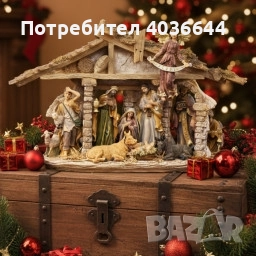 Декоративна сцена на Рождество с дървена постройка и фигурки – Светото семейство и ангел GLORIA, снимка 4 - Декорация за дома - 52045370