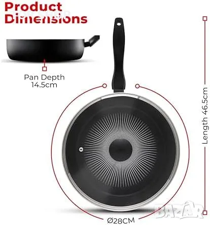 Нов Индукционен 28cm Тиган Tower с Капак за готвене фурна кухня дом, снимка 3 - Прибори за хранене, готвене и сервиране - 49693733