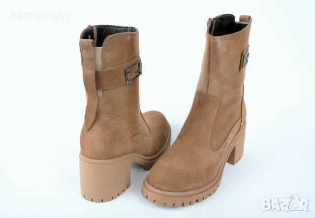 ЗИМА '25! Кафяви дамски боти от естествен велур на ток, снимка 3 - Дамски боти - 47496136