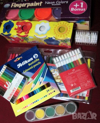 Флумастери, моливи, водни бои, бои за рисуване с пръсти и др.