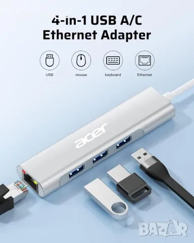 Acer USB C към Ethernet адаптер,USB-A/C хъб с 3 USB-A 3.1 и 1Gbps RJ45, снимка 5 - Кабели и адаптери - 49423089