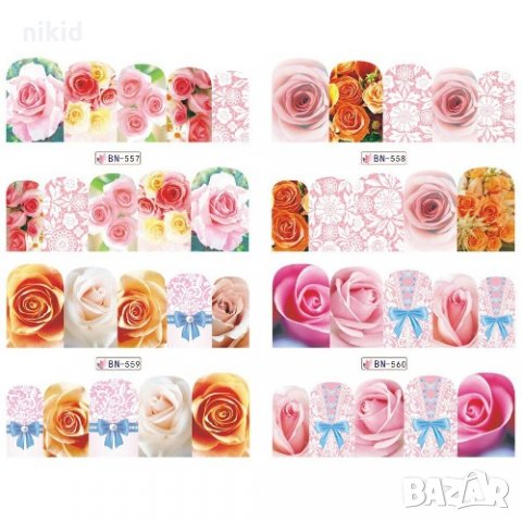 лист 12 в 1 Рози цветя слайдер татос ваденки водни стикери за нокти маникюр, снимка 3 - Продукти за маникюр - 31263402