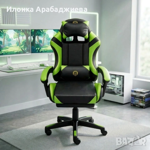 Ергономичен геймърски стол с масажна функция и поставка за крака, PU екокожа