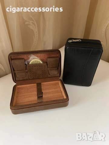Преносим кожен хумидор за 4 пури от естествена кожа – черен / кафяв, снимка 7 - Табакери - 53228475