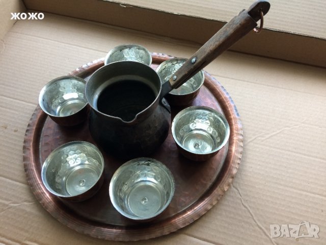  Стар сервиз от кована мед - поднос, джезве и 6 чаши, снимка 8 - Сервизи - 34248177