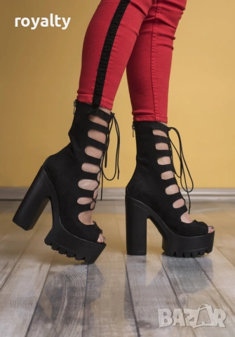 Летни боти на ток - черен велур, снимка 2 - Дамски боти - 54160392