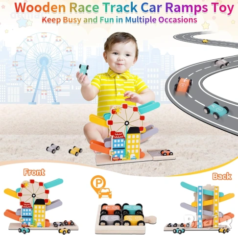 FCSONU Детски Монтесори дървени играчки, кула, 4 мини колички, 4 писти и гараж, снимка 2 - Коли, камиони, мотори, писти - 54065147