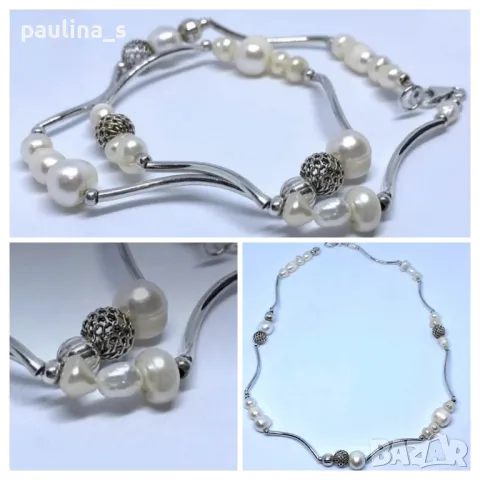 Сребърно колие с естествени бели барокови перли / проба 925 , снимка 2 - Колиета, медальони, синджири - 35738900