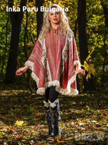 Автентичнo еквадорско унисекс пончо, 100% вълна, оранжево-червено, снимка 3 - Блузи с дълъг ръкав и пуловери - 40189932