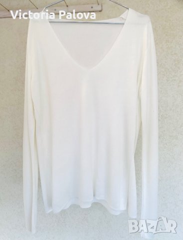 Млечнобяла блуза кежуал с V деколте, снимка 8 - Блузи с дълъг ръкав и пуловери - 40382940