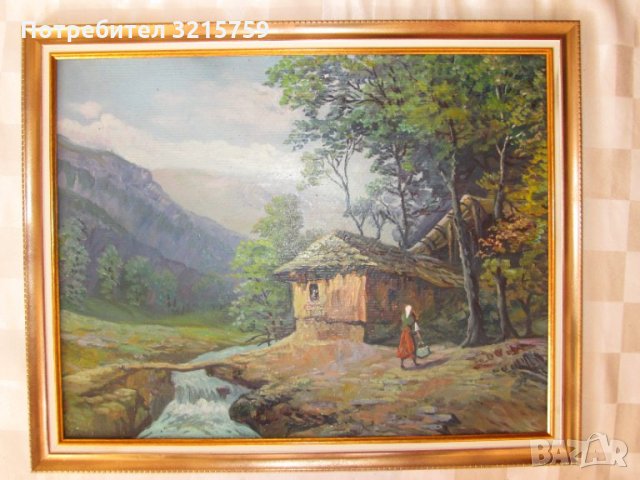 Стара картина ,Виктор Попов селски пейзаж,маслени бои,картонбои, снимка 10 - Картини - 35502034