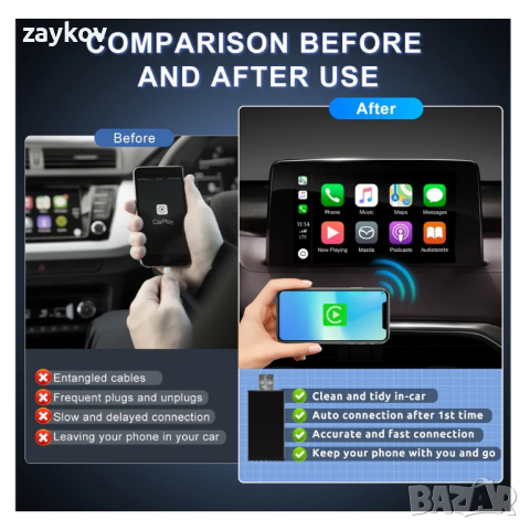 Оригинален кабелен към безжичен Carplay USB адаптер за кола Най-, снимка 2 - Аксесоари и консумативи - 44560668