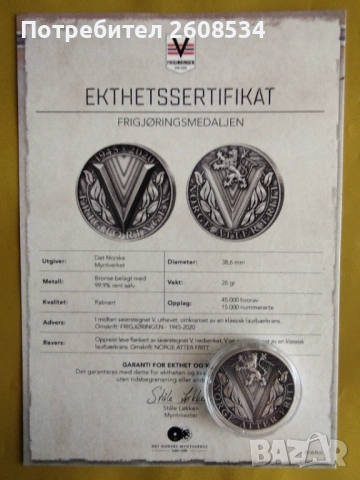 НОРВЕЖКИ БРОНЗОВ ПЛАКЕТ /МЕДАЛ/  С ПОКРИТИЕ ОТ ❗️ЧИСТО СРЕБРО❗