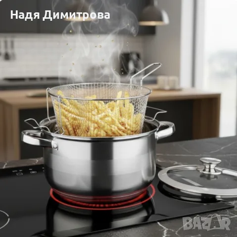 Тенджера с кошница за пържене и стъклен капак Cheffinger  Ø24 см – инокс, 6,5 л, за всички котлони