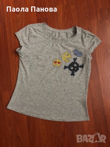 Дамска сива тениска с емотикони и камъчета, снимка 1 - Тениски - 31105100