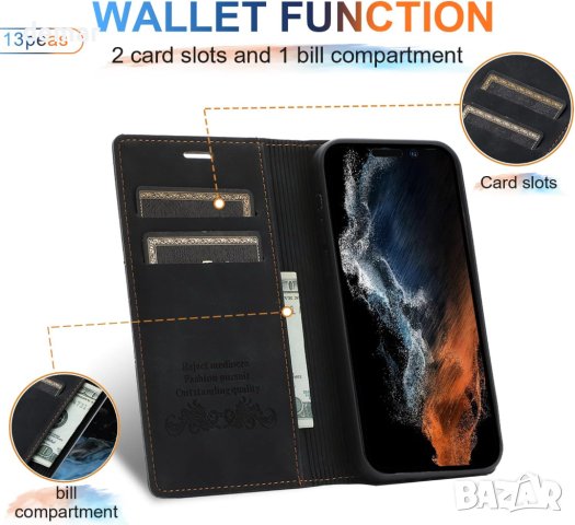 Калъф 13peas за iPhone 14 Pro Max 2022 г., от телешка кожа с протектор за екран (черен), снимка 5 - Калъфи, кейсове - 42312199