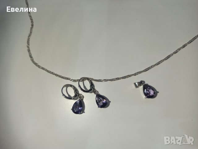 Дамски комплект синджирче, висулка и обеци с лилав кристал, нови, щампа 925, снимка 6 - Бижутерийни комплекти - 36939261