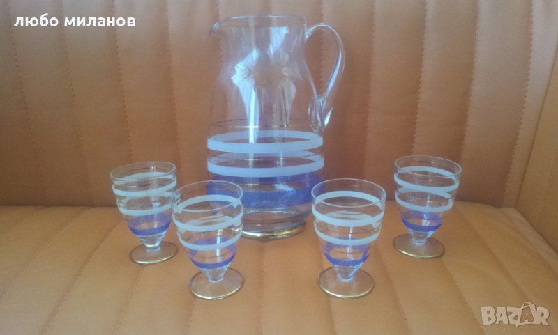 Кана и 4 чаши златни кантове, кантове мат и кант синя посипка, снимка 1