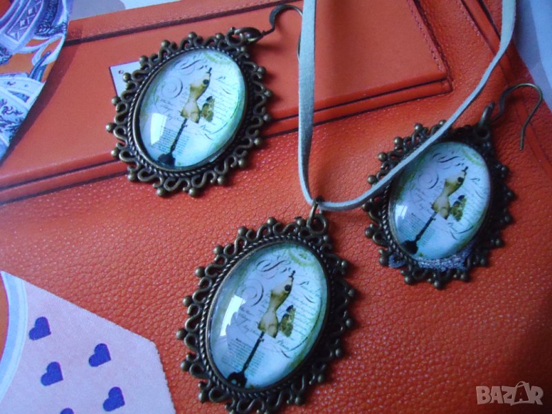 НОВИ комплект обеци и висулка винтидж стил, снимка 1