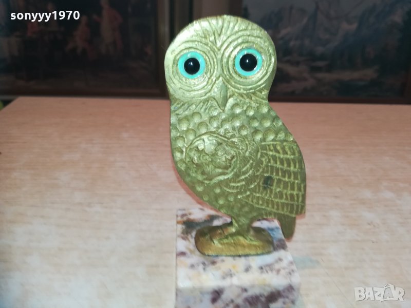 сова-13х7х6см-мед/месинг/мрамор 2301211256, снимка 1