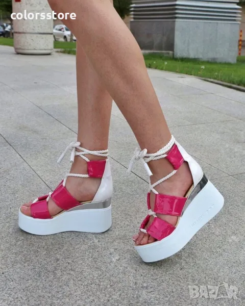 Сандали на платформа - циклама и бяло лак с бяло ходило - 311, снимка 1