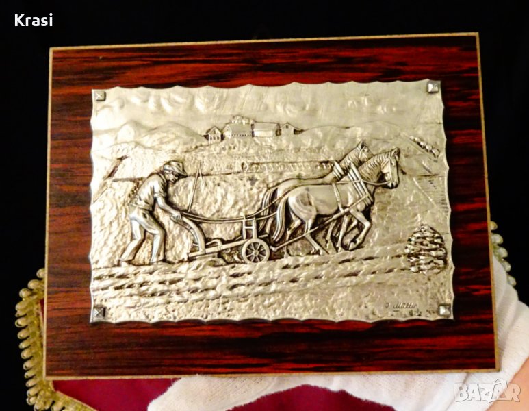 Орач,коне,релефна калаена картина,пано от калай,автор. , снимка 1