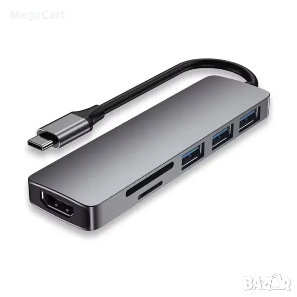 Докинг станция DeTech, 6в1 USB3.1 Type-C-USB3.0*3+4K, HDMI 4K 30Hz,SD/TF Card, Сив, снимка 1