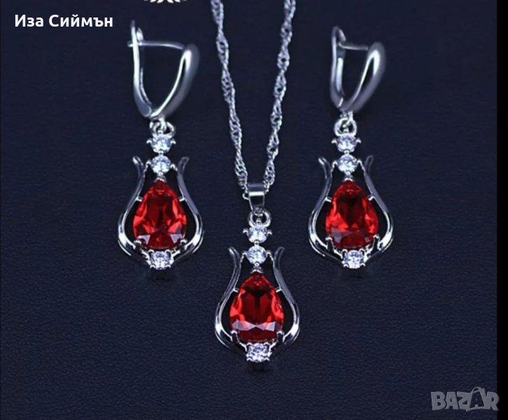 Сребърен комплект обици и колие с рубини, снимка 1