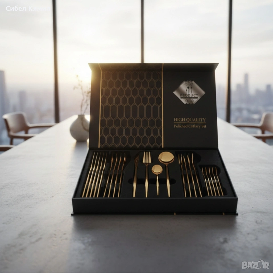 Комплект прибори за хранене в златист цвят от 24 части с луксозен дизайн и магнитна кутия, снимка 1
