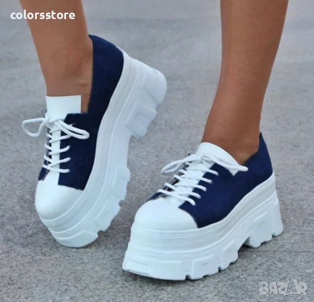 Обувки на платформа - бяло и тъмносин деним - DA60, снимка 1