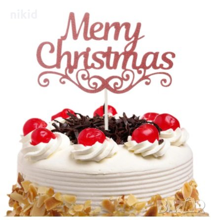 Merry Christmas с орнамент червен мек Коледен бляскав топер украса декор за торта, снимка 1