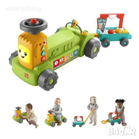 Fisher-Price Laugh & Learn 4-in-1 Farm to Market Обучаваща играчка за каране на трактор за бебета и 