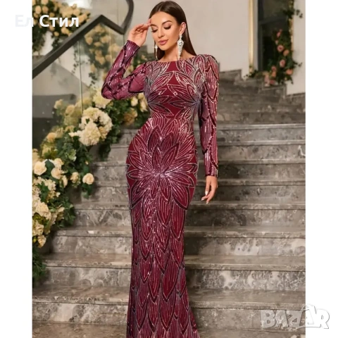 💕Дълга рокля с паети русалка и гол гръб цвят бордо, снимка 3 - Рокли - 53945153