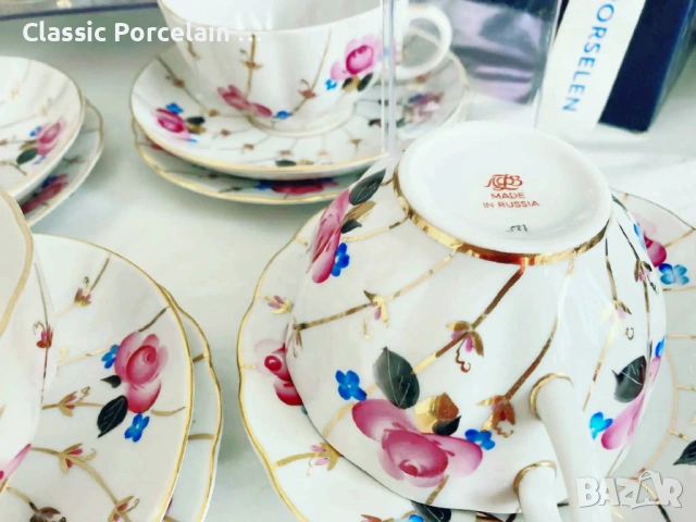 Чаен сервиз с розички и златна мрежа, ЛФЗ СССР Ленинградски порцеланов завод (ЛФЗ), снимка 7 - Сервизи - 53084260